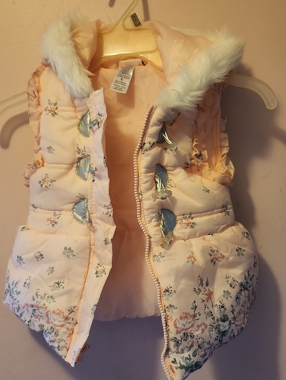 Little Lass Light Pink Floral Puffer Vest with Faux Fur Trim